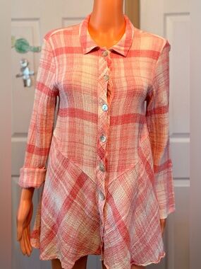 Habitat Pink Plaid Thick Gauze Button Front Blouse Size Small